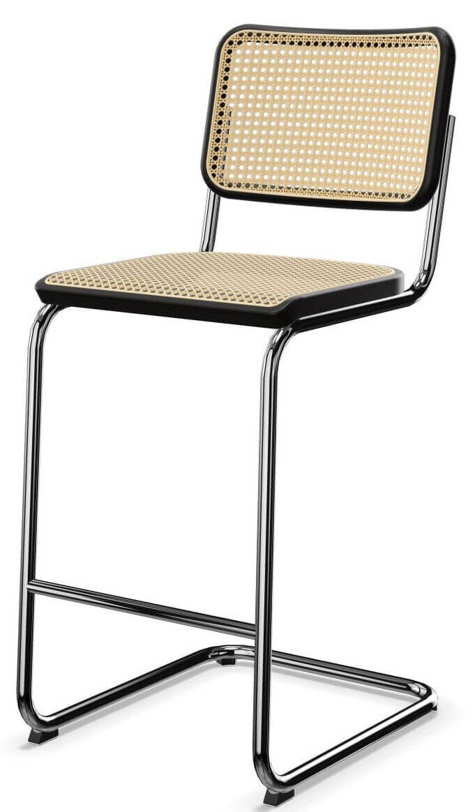 Moderner Barhocker mit geflochtener Sitzfläche und Rückenlehne, verchromtes Metallgestell. Ideal für ergonomisches Sitzen.