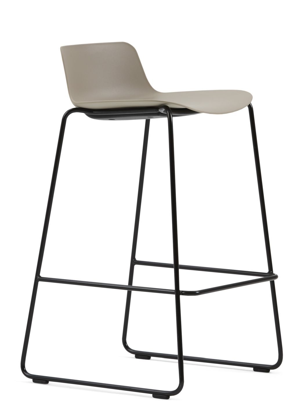 Moderner Barhocker mit grauer Plastikschale und schwarzem Metallgestell, schlichtes Design für ergonomisches Sitzen.