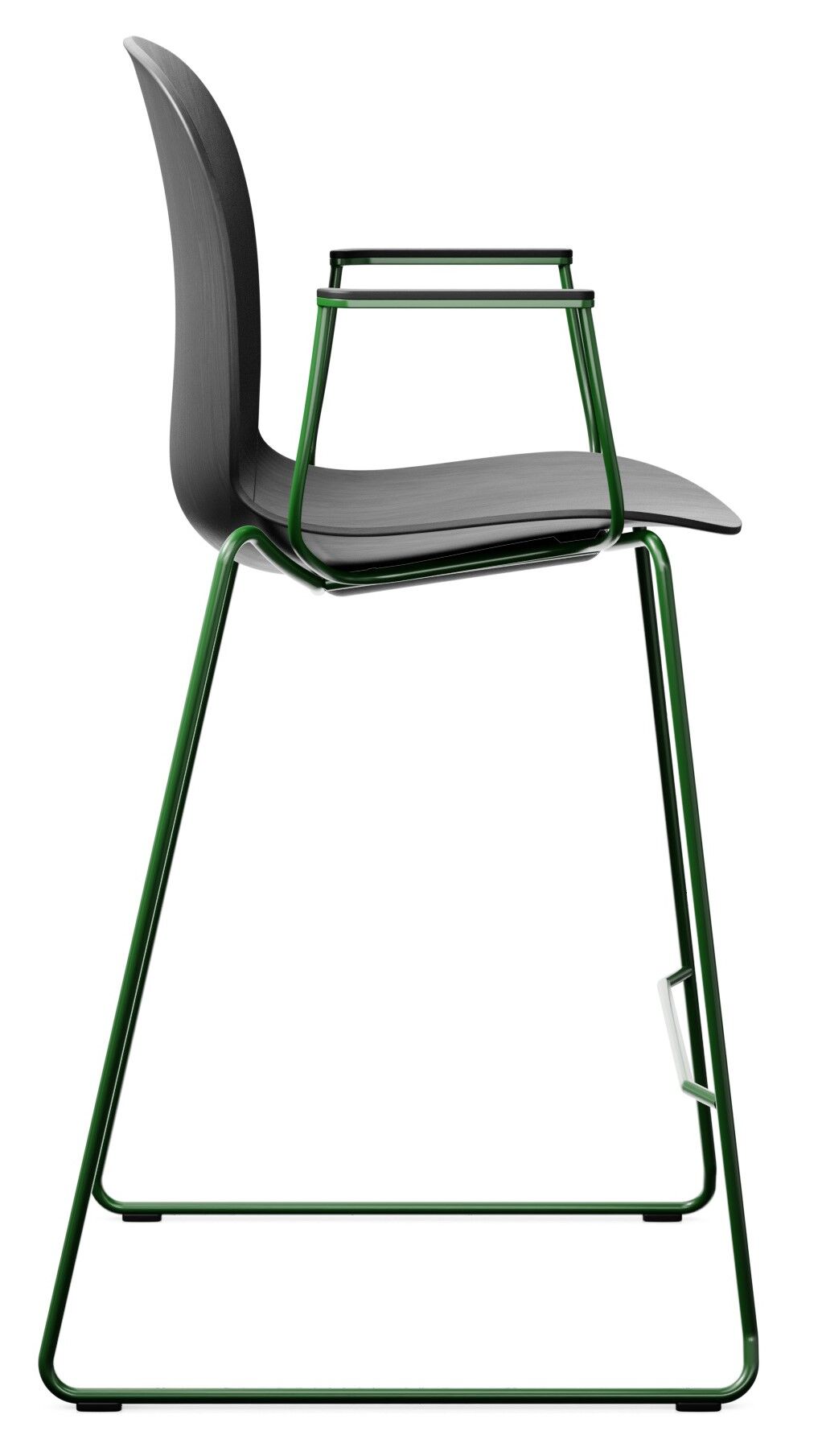 Moderner Bürostuhl mit schwarzem Kunststoffsitz und grünen Metallbeinen, ideal für ergonomisches Sitzen.