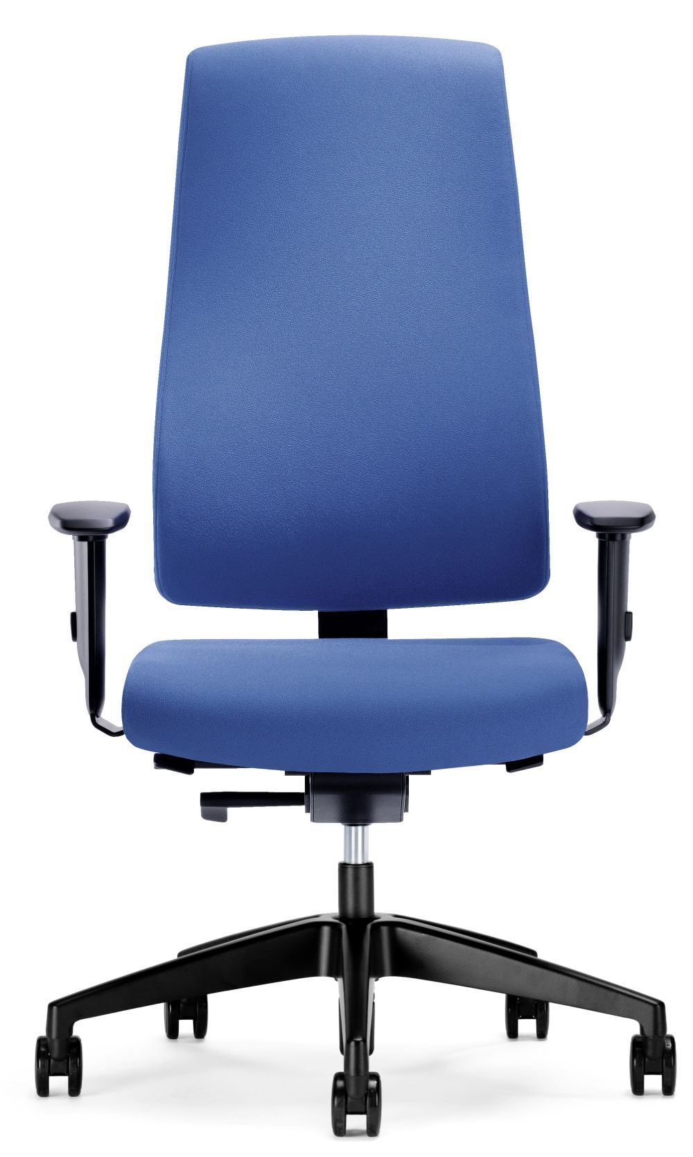 Ergonomischer Bürostuhl mit blauer Polsterung, verstellbaren Armlehnen und schwarzem Fußkreuz auf Rollen.
