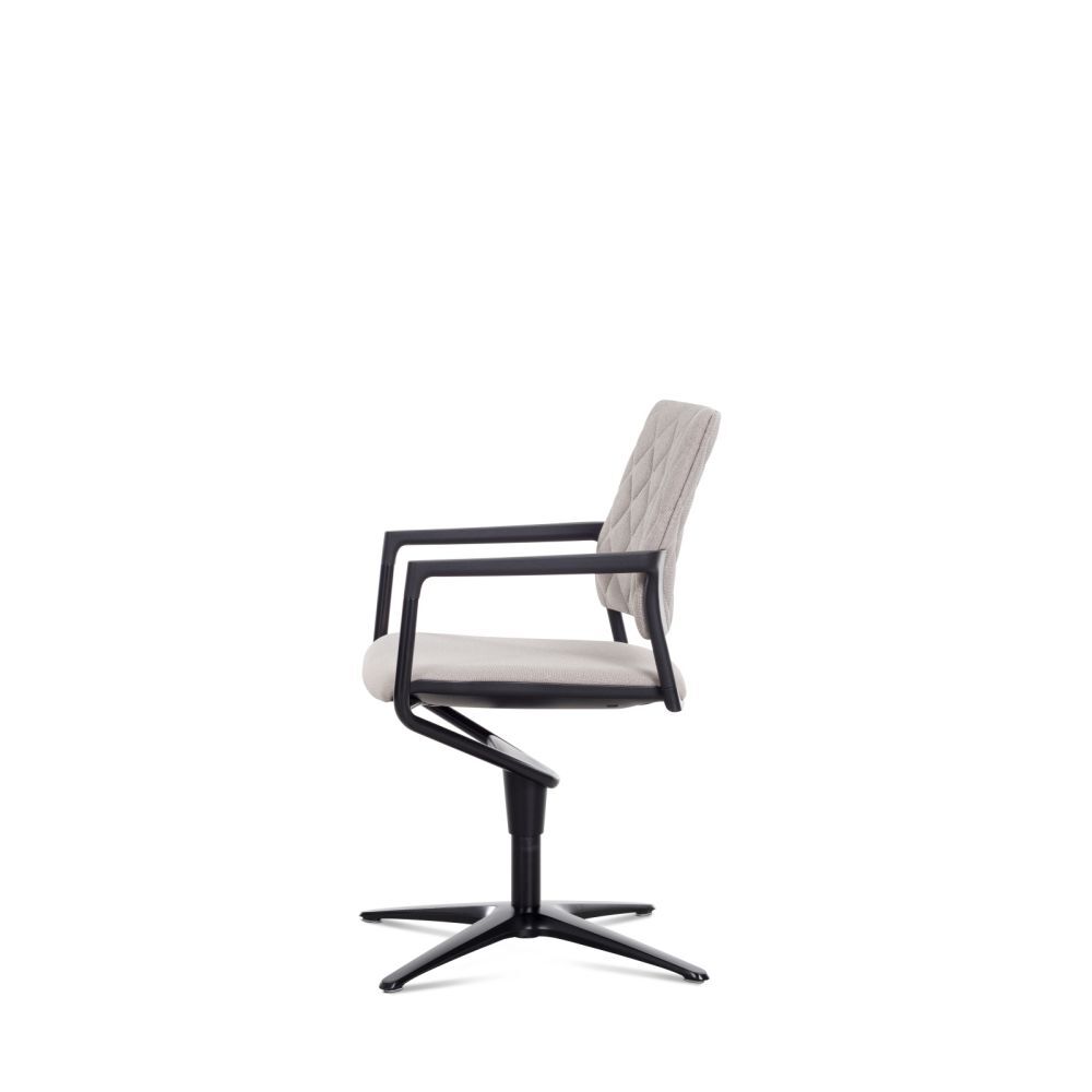 Ergonomischer Bürostuhl mit drehbarem, schwarzem Gestell und gepolstertem, hellgrauem Sitz, modern und stilvoll.