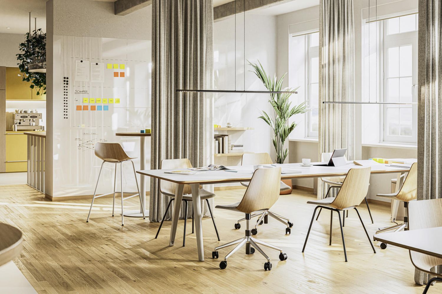 Helles Büro mit ergonomischen Stühlen, großem Tisch, Pflanzen und Notizen an der Wand für eine kreative Umgebung.