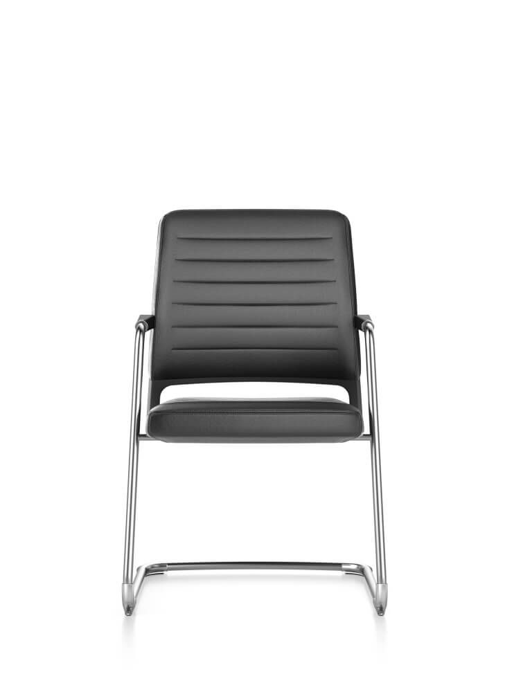 Moderner ergonomischer Bürostuhl mit schwarzem Lederbezug und elegantem Metallrahmen, ideal für dynamisches Sitzen.