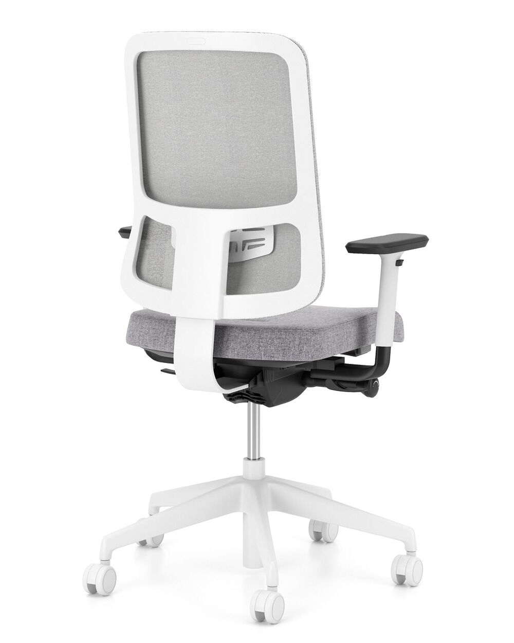 Ergonomischer Bürostuhl mit weißem Rahmen, verstellbaren Armlehnen und gepolstertem Sitz, ideal für dynamisches Sitzen.