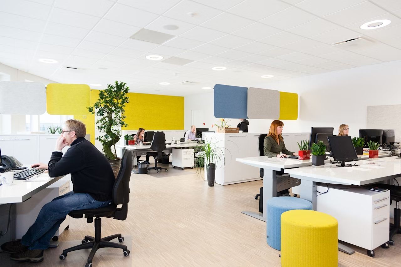 Modernes Büro mit ergonomischen Stühlen, Pflanzen und schallabsorbierenden Elementen an den Wänden für gesundes Arbeiten.