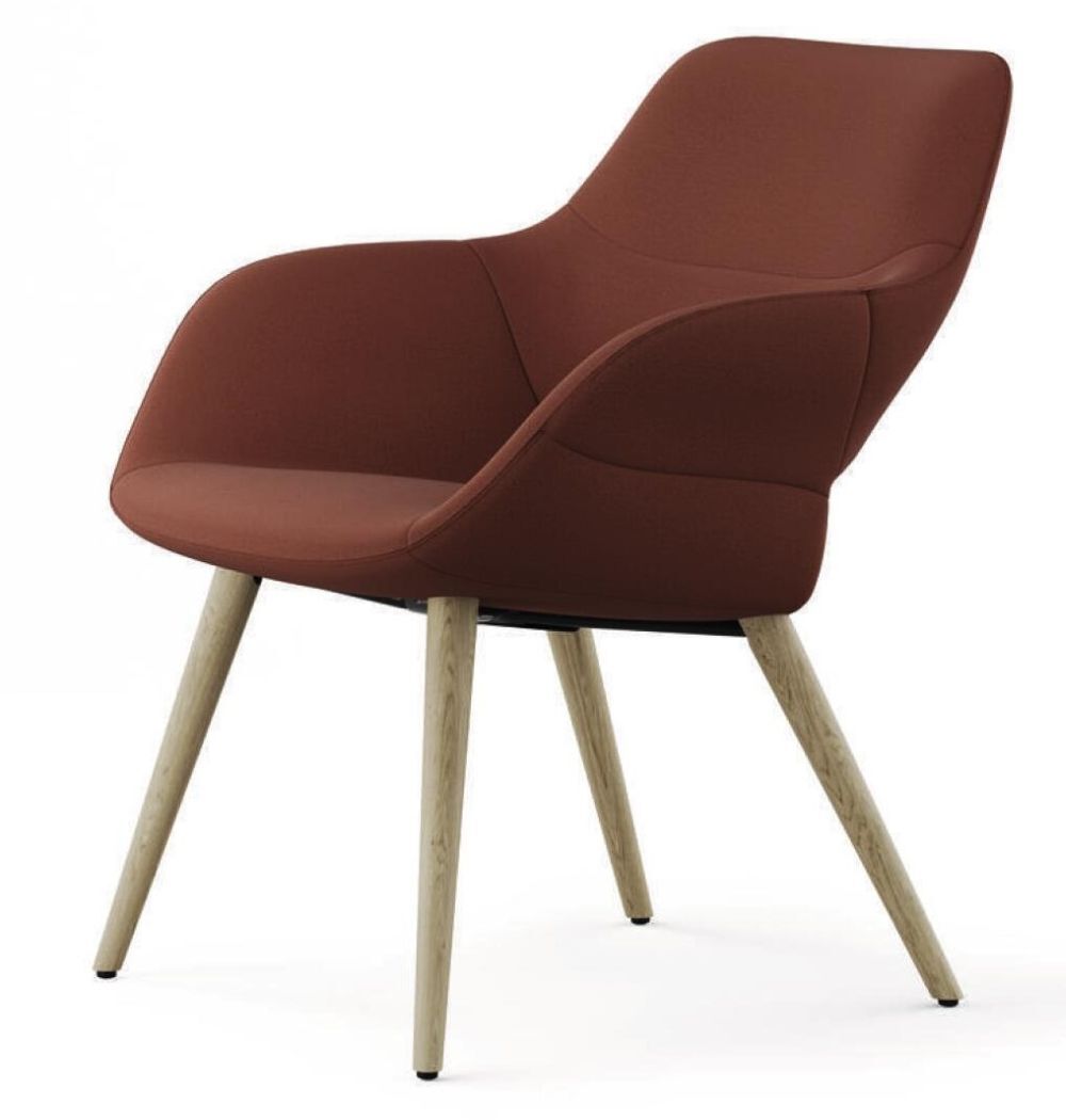 Moderner ergonomischer Stuhl in Rot mit Holzbeinen, für dynamisches Sitzen im Homeoffice oder Büro geeignet.