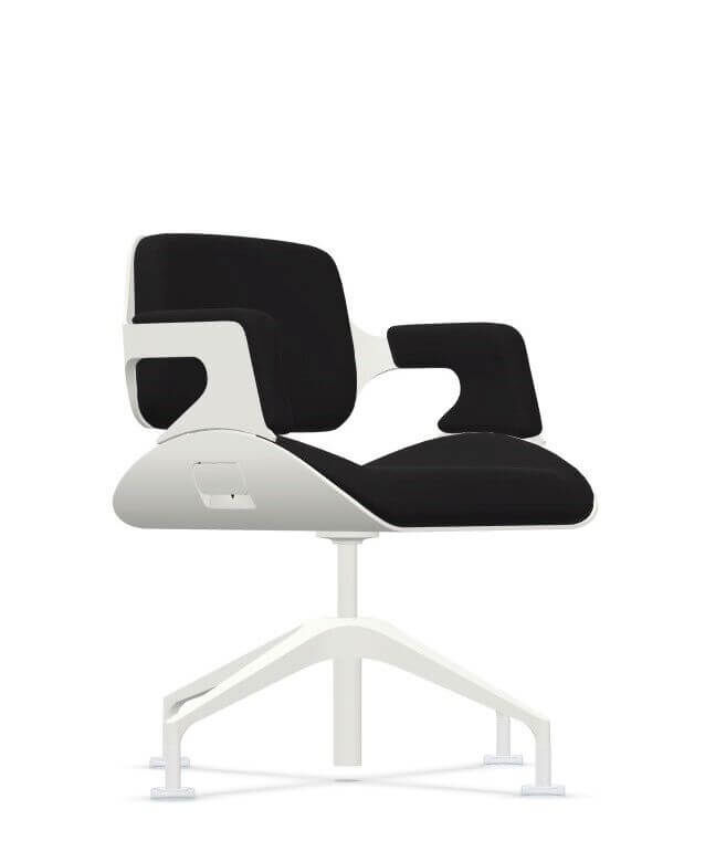 Moderner ergonomischer Bürostuhl mit schwarzen Polstern und weißem Rahmen, ideal für dynamisches Sitzen.