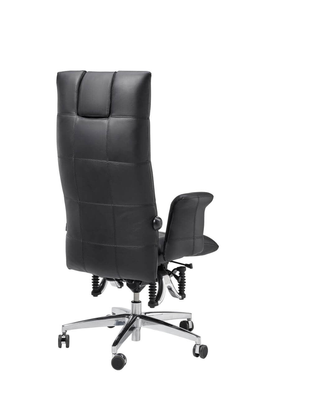 Schwarzer ergonomischer Bürostuhl mit hoher Rückenlehne und verchromtem Fußgestell, ideal für dynamisches Sitzen.