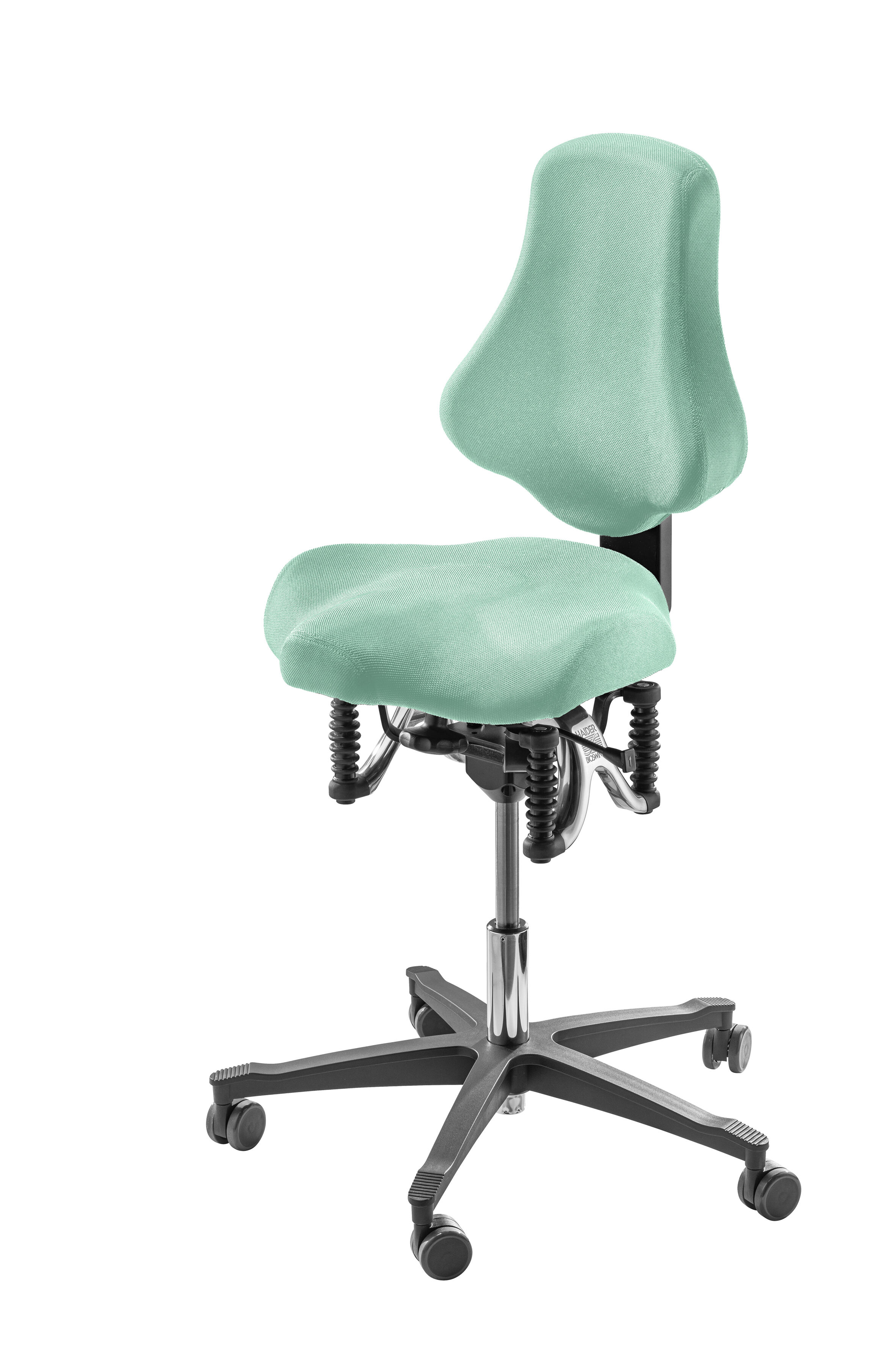 Ergonomischer Bürostuhl mit türkisfarbenem Bezug, dynamischem Design und beweglicher Rückenlehne für gesundes Sitzen.