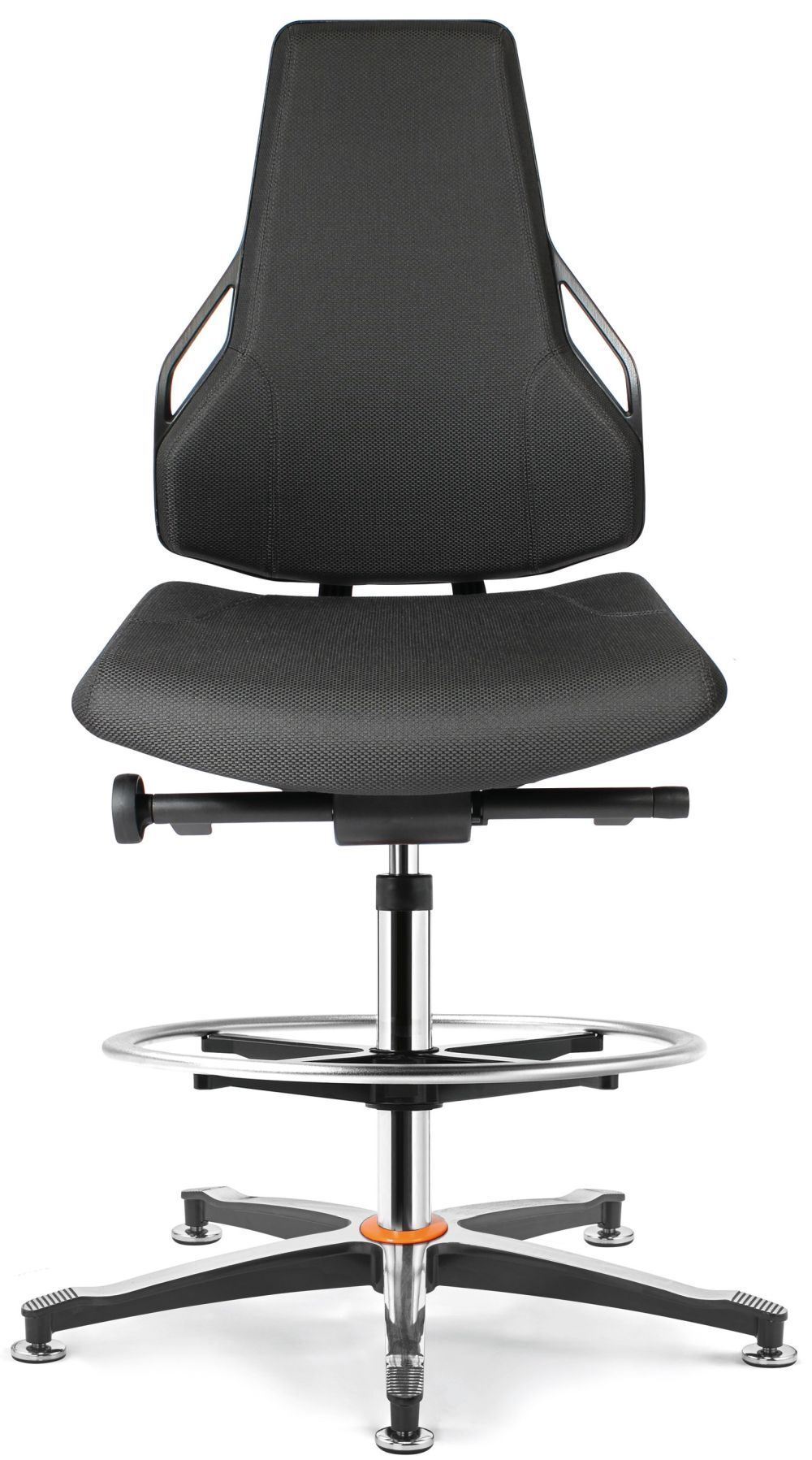 Ergonomischer schwarzer Bürostuhl mit hoher Rückenlehne, verstellbarer Sitzhöhe und Fußstütze für dynamisches Sitzen.