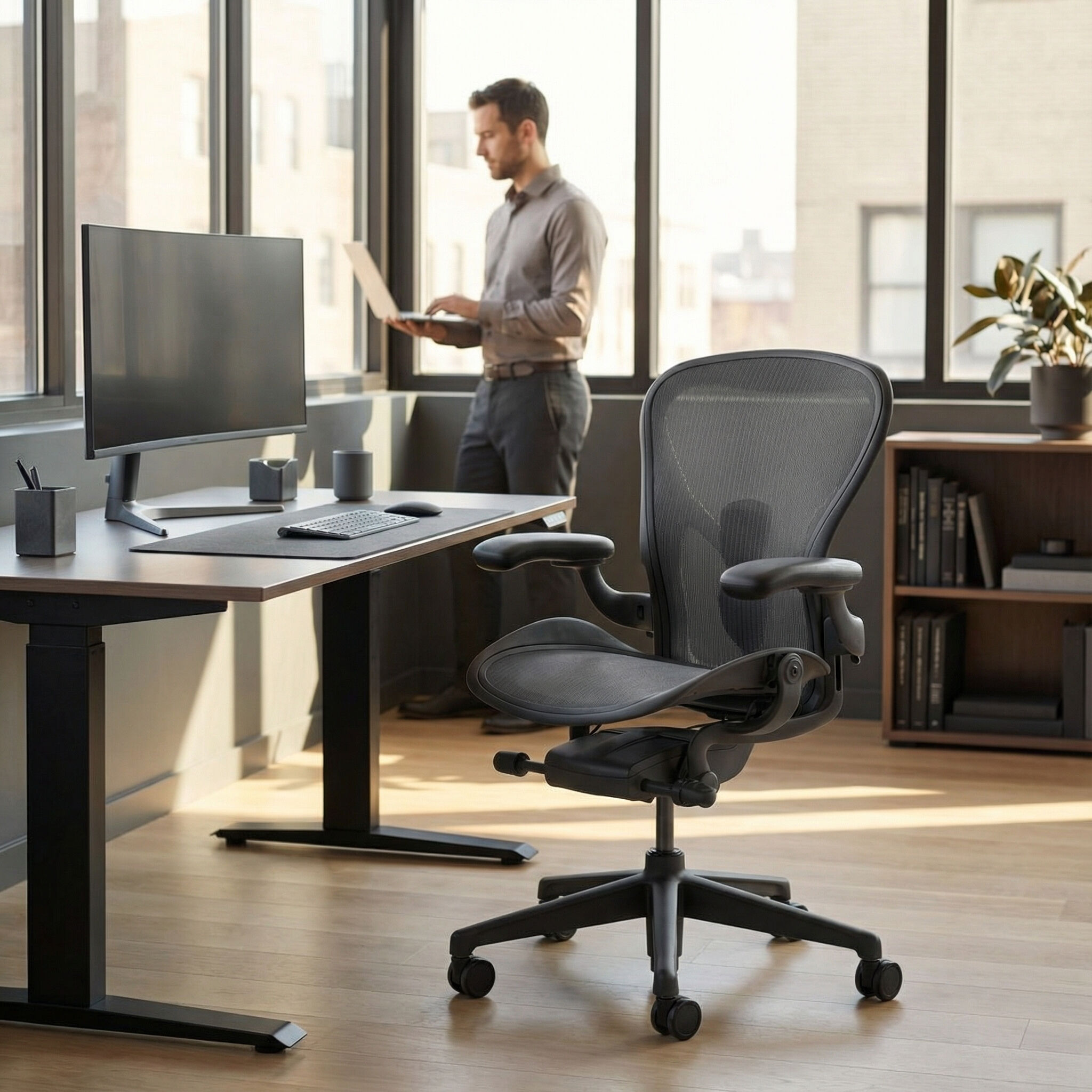 Moderner ergonomischer Bürostuhl in einem hellen Büro, Mann am Stehpult im Hintergrund.