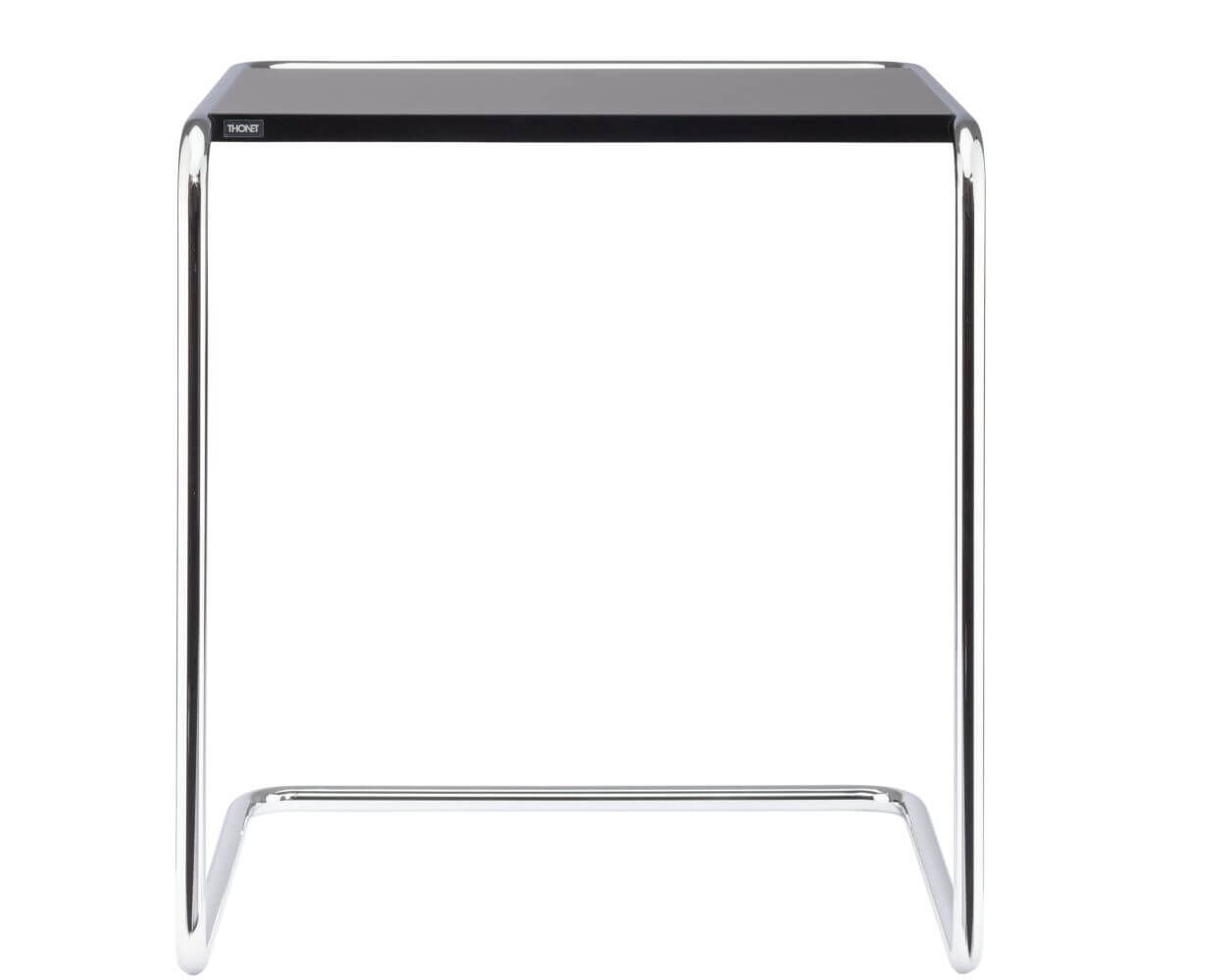 Moderner Beistelltisch mit schwarzer Oberfläche und gebogenem Chromgestell, ideal für stilvolle Büros und Wohnräume.