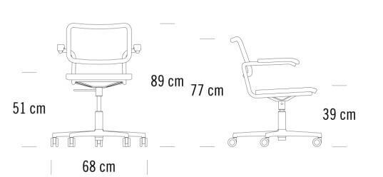 Technische Zeichnung eines Bürostuhls mit Maßen: 89 cm Höhe, 68 cm Breite, 77 cm Tiefe, Sitzhöhe 39 cm.