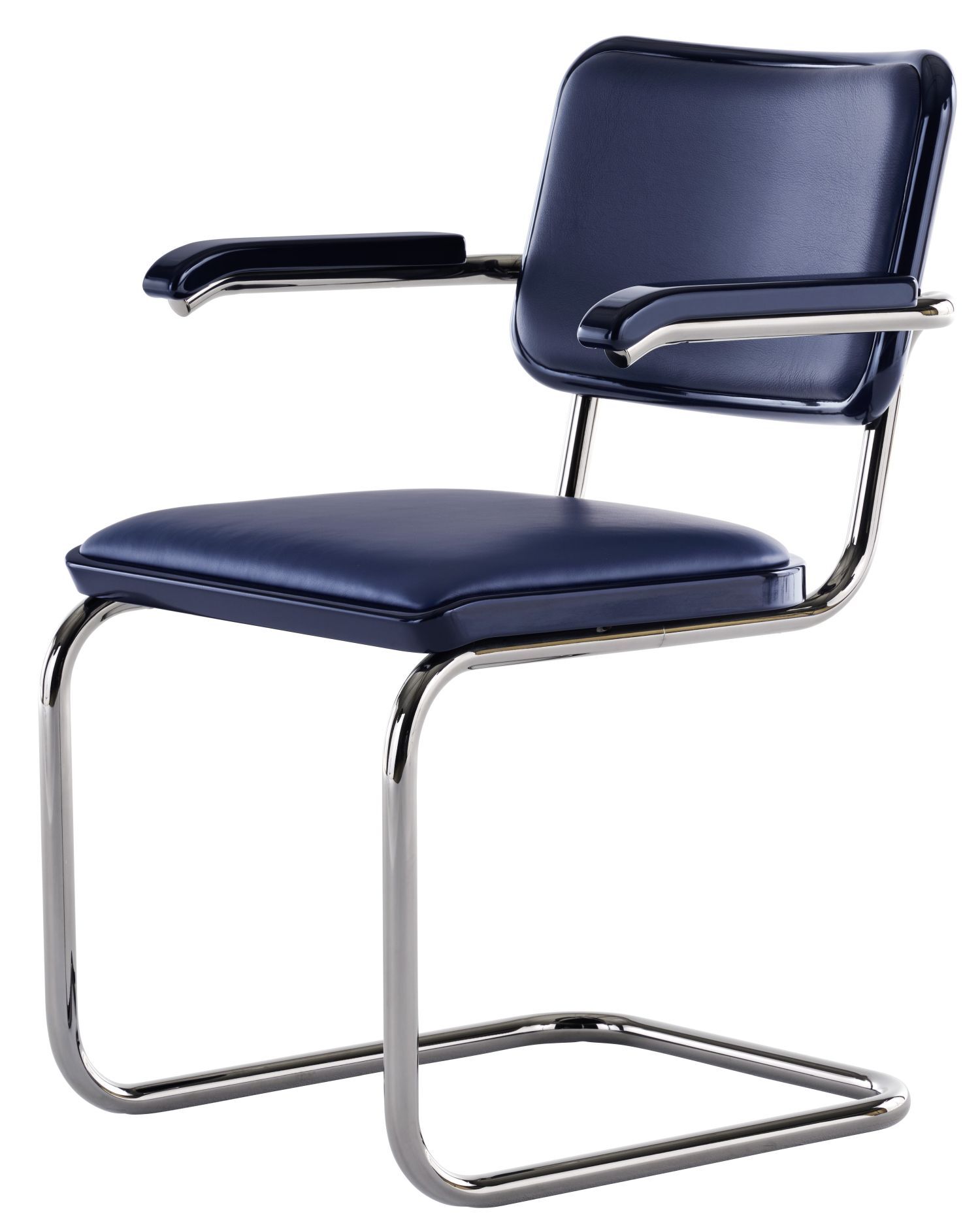 Moderner, blauer Freischwinger mit verchromten Stahlbeinen und gepolstertem Sitz für ergonomisches Sitzen.