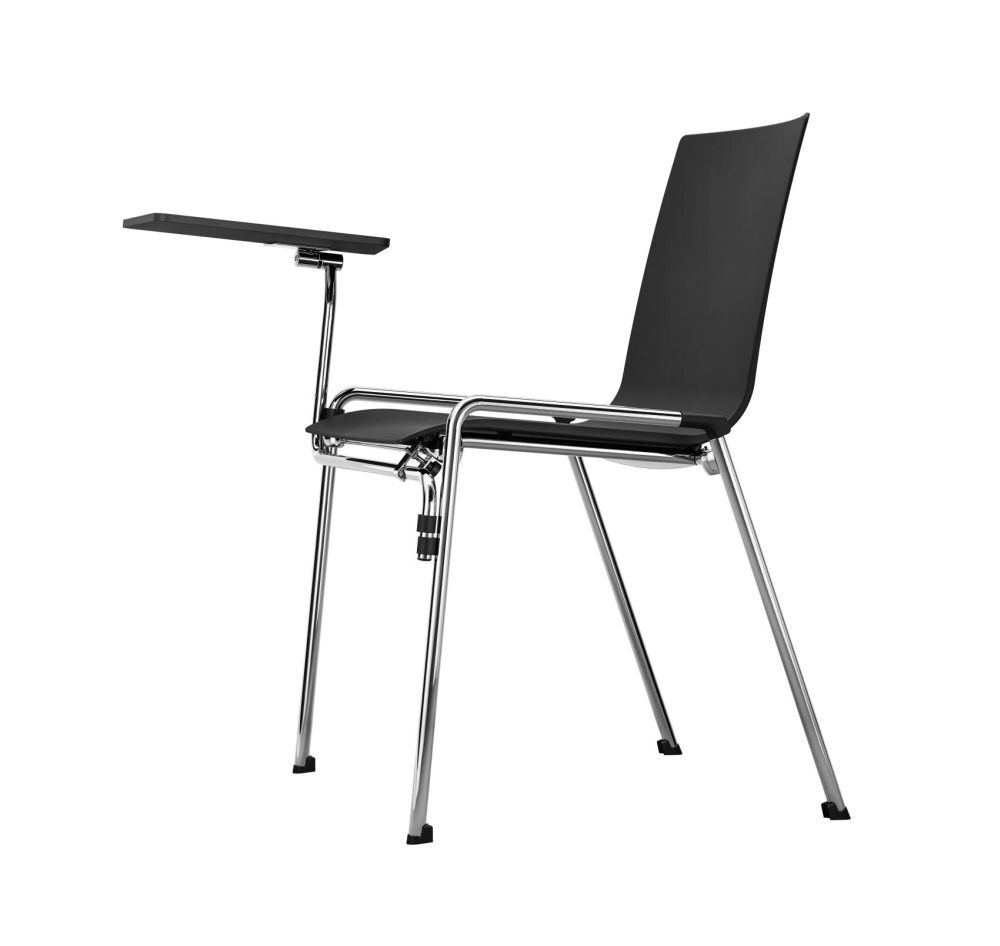 Moderner Stuhl mit integriertem Klapptisch, verchromten Metallbeinen und ergonomischem Design für dynamisches Sitzen.
