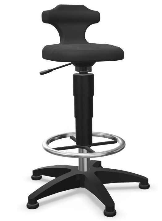 Schwarzer ergonomischer Bürostuhl mit höhenverstellbarem Sitz und runder Fußstütze für dynamisches Sitzen.