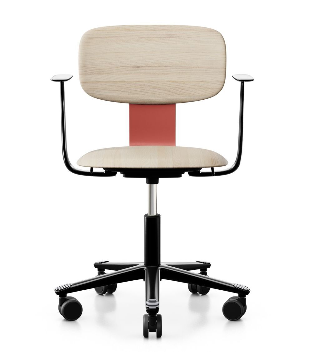 Ergonomischer Bürostuhl mit Holzoptik, schwarzem Gestell und Rollen, ideal für gesundes, bewegtes Sitzen.