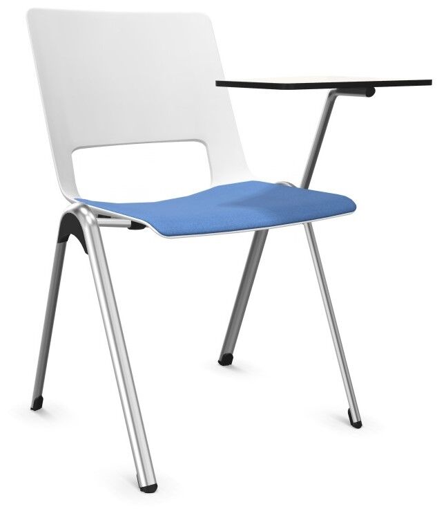 Moderner ergonomischer Stuhl mit blauer Polsterung und integriertem Klapptisch, ideal für flexibles Arbeiten.