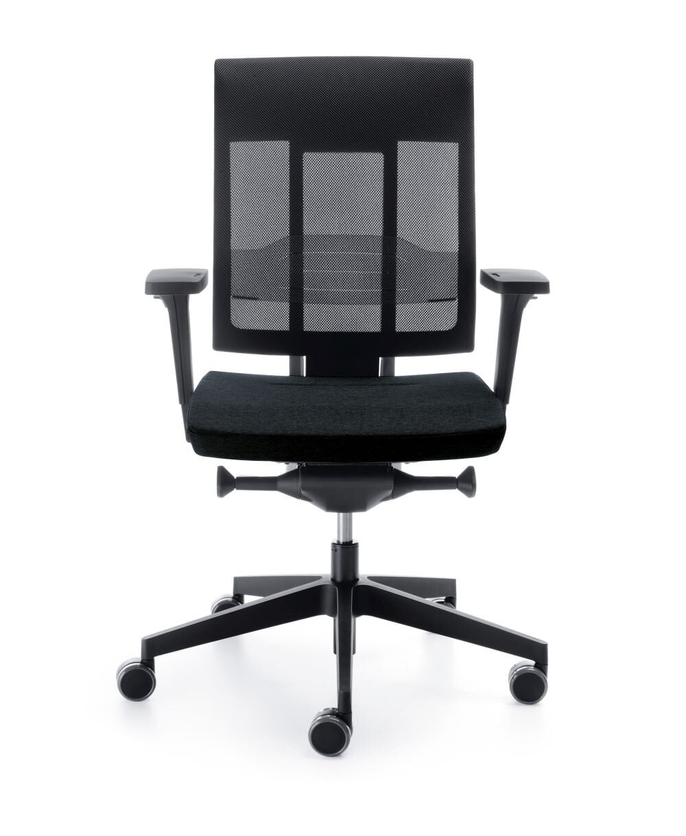 Ergonomischer Bürostuhl mit Netzrückenlehne und verstellbaren Armlehnen, ideal für dynamisches und gesundes Sitzen.