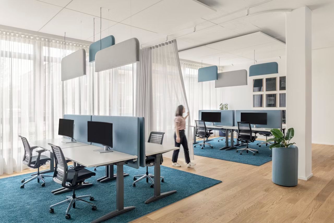 Modernes Büro mit ergonomischen Stühlen, höhenverstellbaren Schreibtischen und Monitoren auf blauem Teppich.