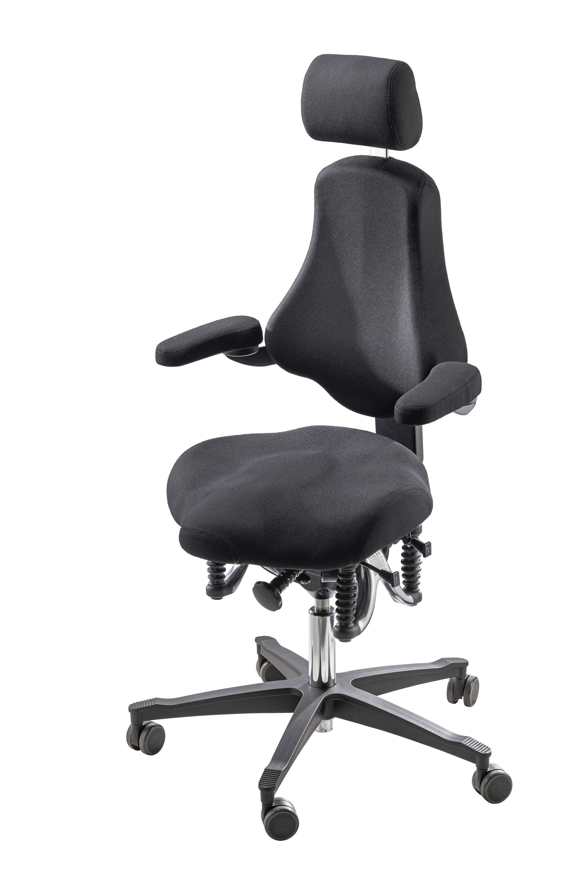 Ergonomischer Bürostuhl in Schwarz mit Kopfstütze, Armlehnen und flexibler Federung für dynamisches Sitzen.