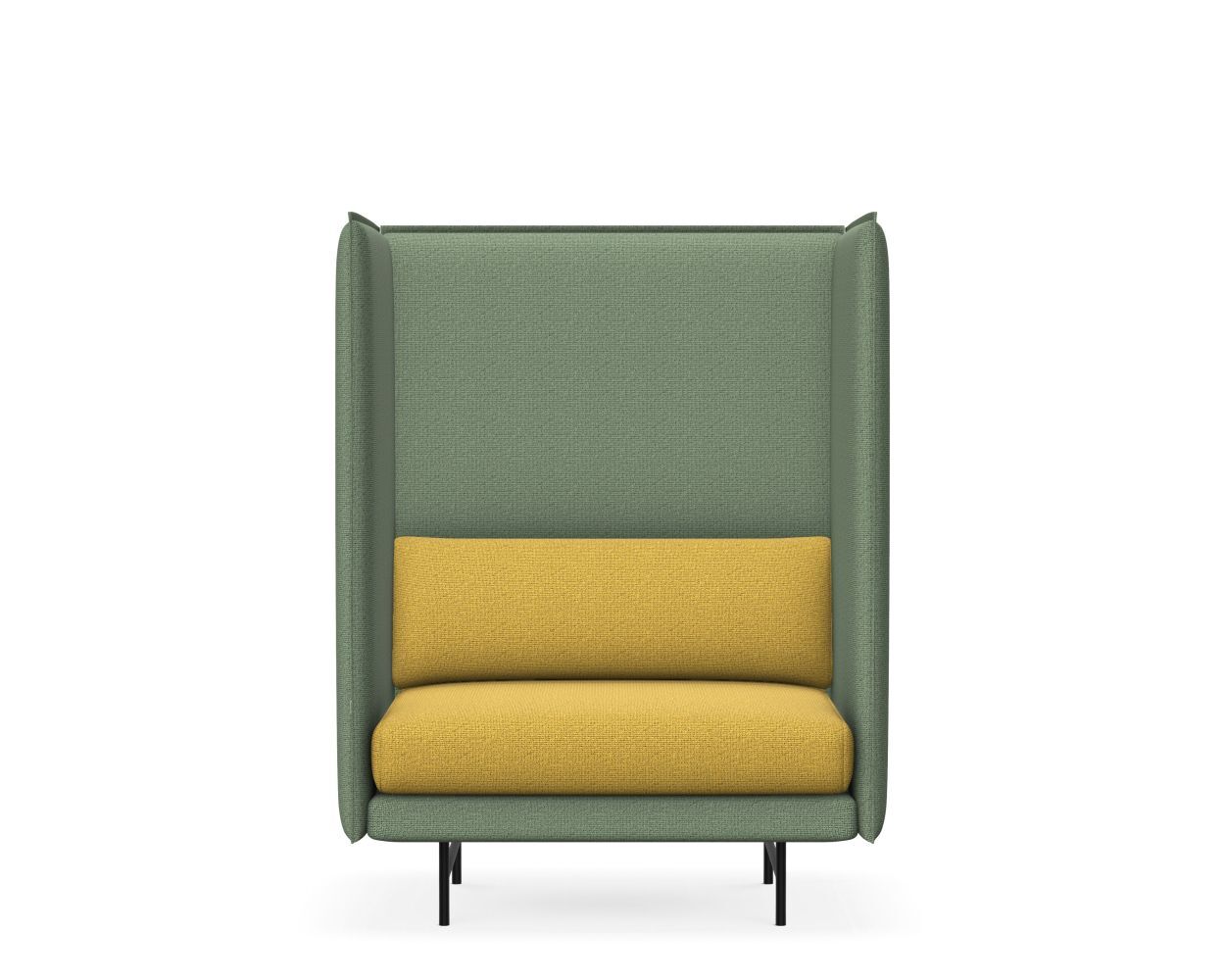 Moderner Sessel in Grün und Gelb mit hohen Seitenwänden, ideal für ergonomisches Sitzen.