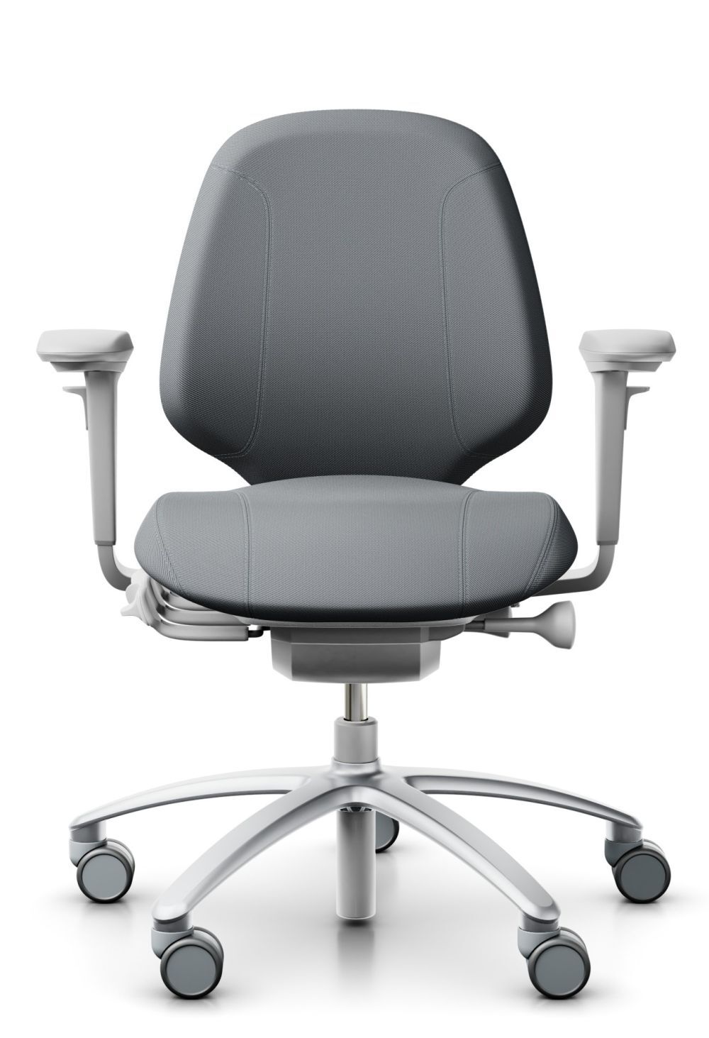 Hochwertiger ergonomischer Bürostuhl mit grauem Bezug und verstellbaren Armlehnen für gesundes, dynamisches Sitzen.