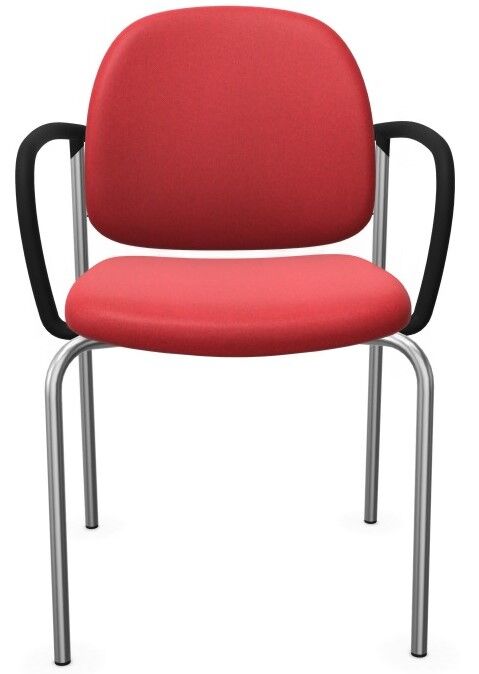 Moderner roter ergonomischer Stuhl mit schwarzen Armlehnen und silbernen Beinen, ideal für dynamisches Sitzen.