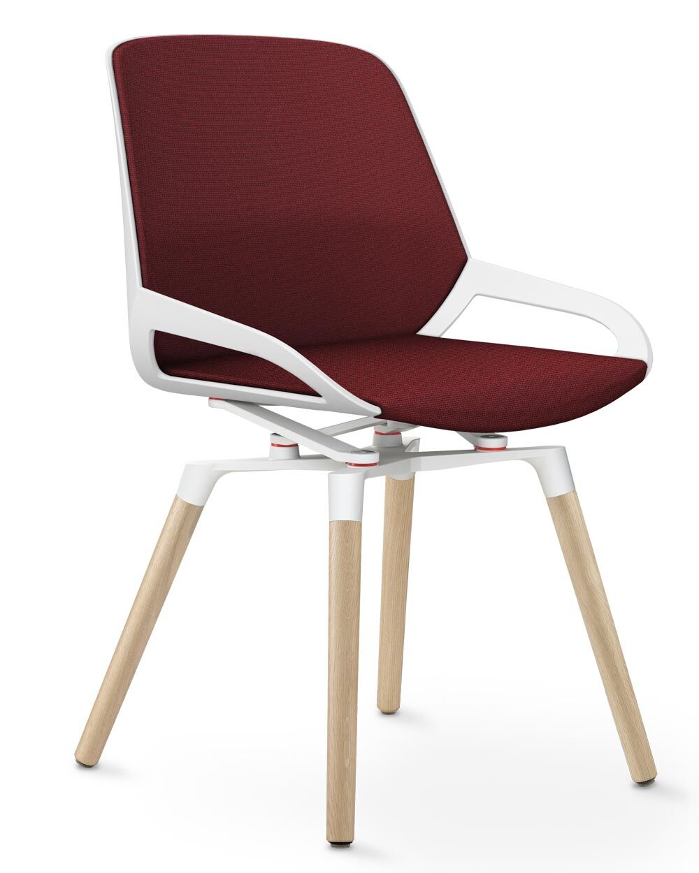 Ergonomischer Bürostuhl mit rotem Polster, weißen Armlehnen und Holzbeinen, ideal für gesundes dynamisches Sitzen.