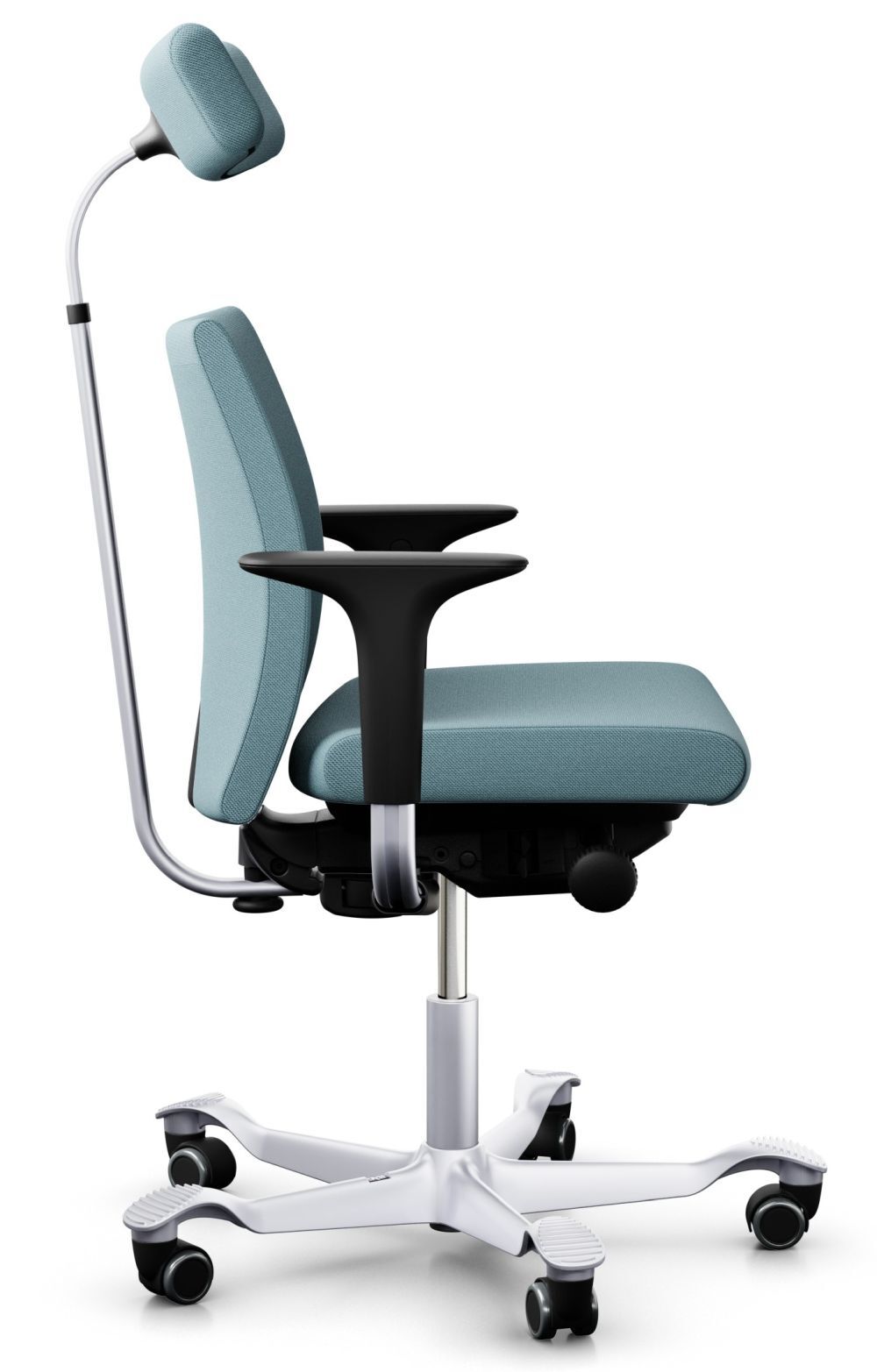 Ergonomischer Bürostuhl mit Kopfstütze und verstellbaren Armlehnen, ideal für dynamisches und gesundes Sitzen.