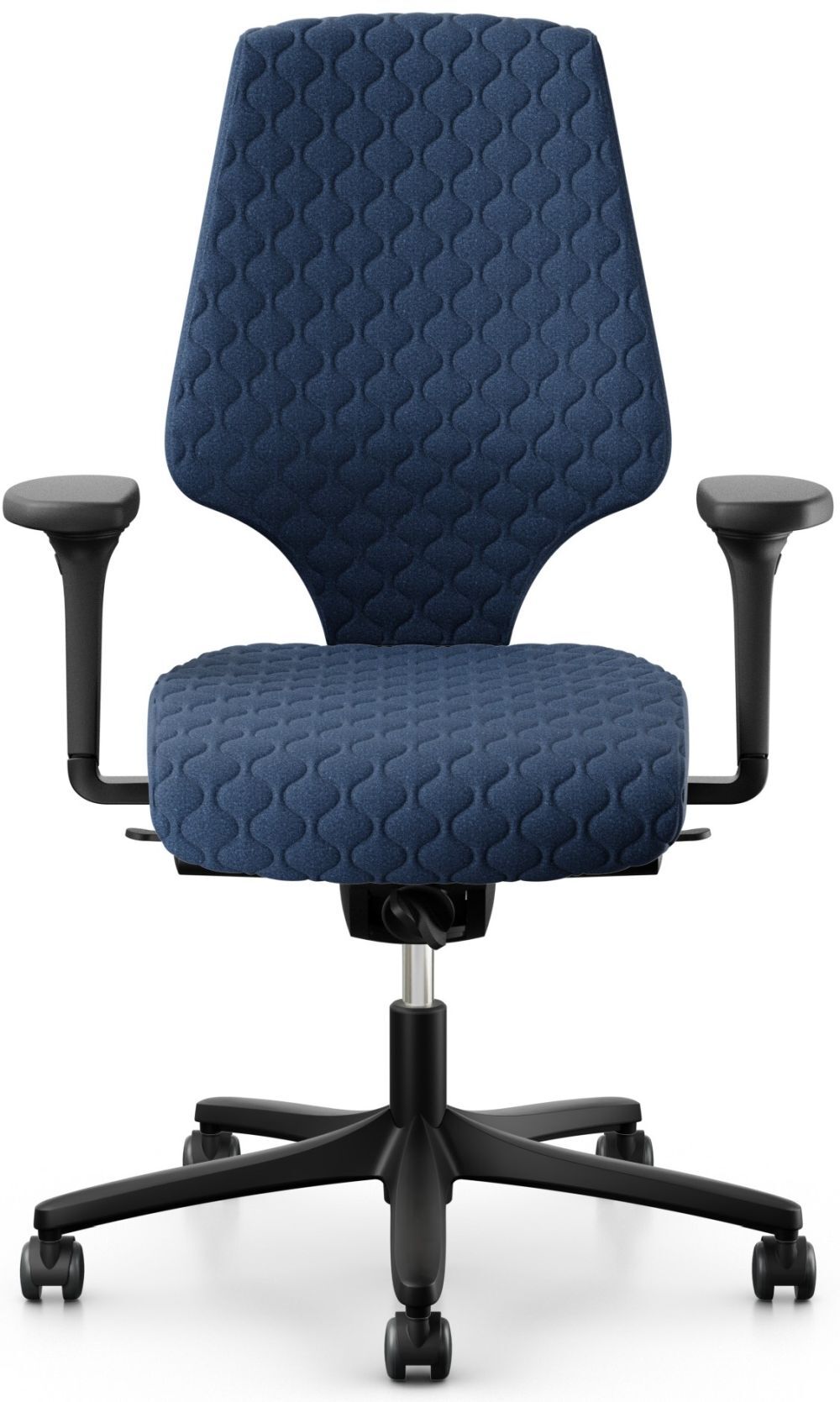 Ergonomischer Bürostuhl mit blauem, strukturiertem Stoffbezug, schwarzen Armlehnen und stabilem Drehfuß auf Rollen.