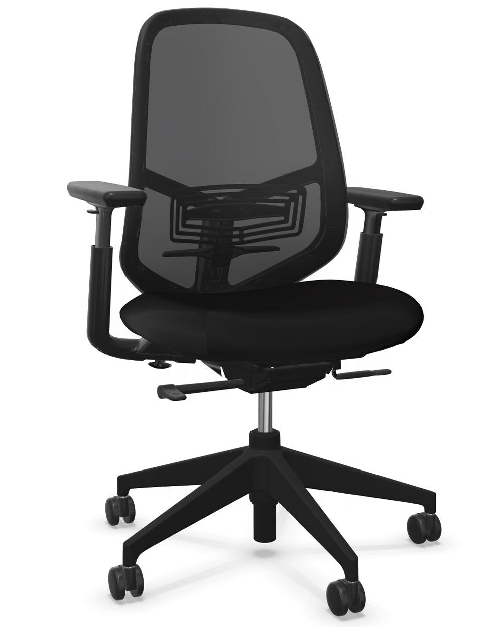 Ergonomischer Bürostuhl mit Netzrückenlehne, verstellbaren Armlehnen und schwarzem Sitzpolster auf Rollen.