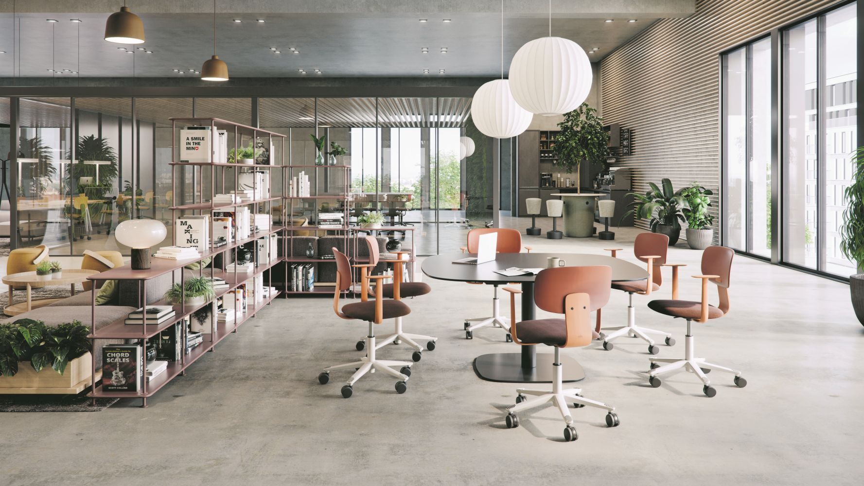 Modernes Büro mit ergonomischen Stühlen, Tisch und Regalen, großen Fenstern und stilvollen Hängelampen.