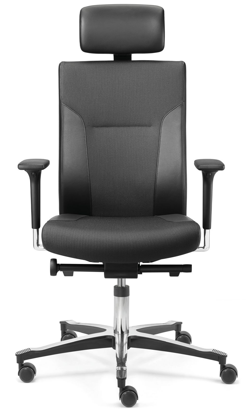 Schwarzer ergonomischer Bürostuhl mit Kopfstütze und verstellbaren Armlehnen, geeignet für gesundes, dynamisches Sitzen.