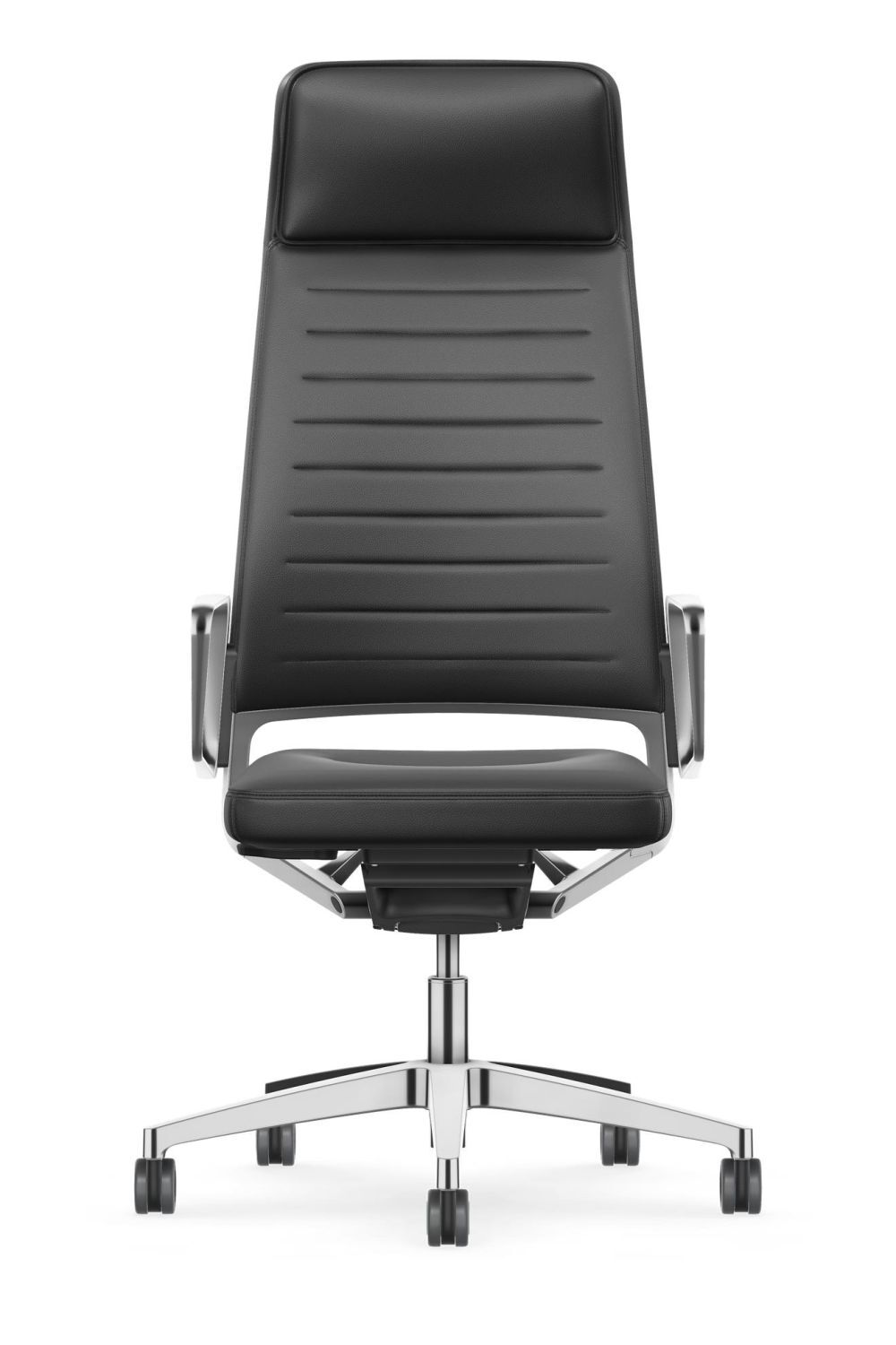 Hochwertiger, ergonomischer Bürostuhl in Schwarz mit hoher Rückenlehne und verstellbaren Armlehnen auf Rollen.