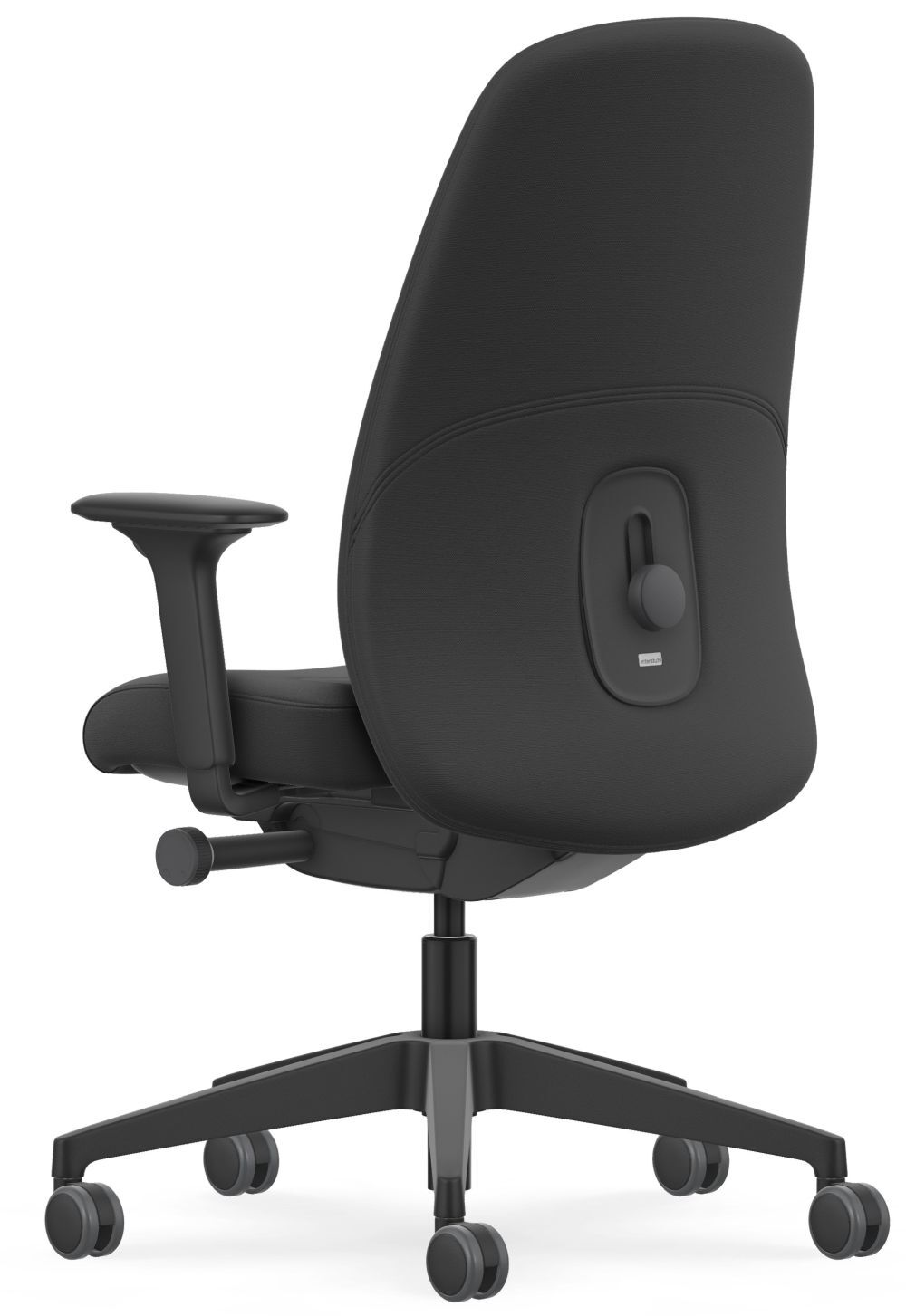 Ergonomischer Bürostuhl in schwarzem Design mit verstellbaren Armlehnen und Rollen für flexibles Arbeiten.