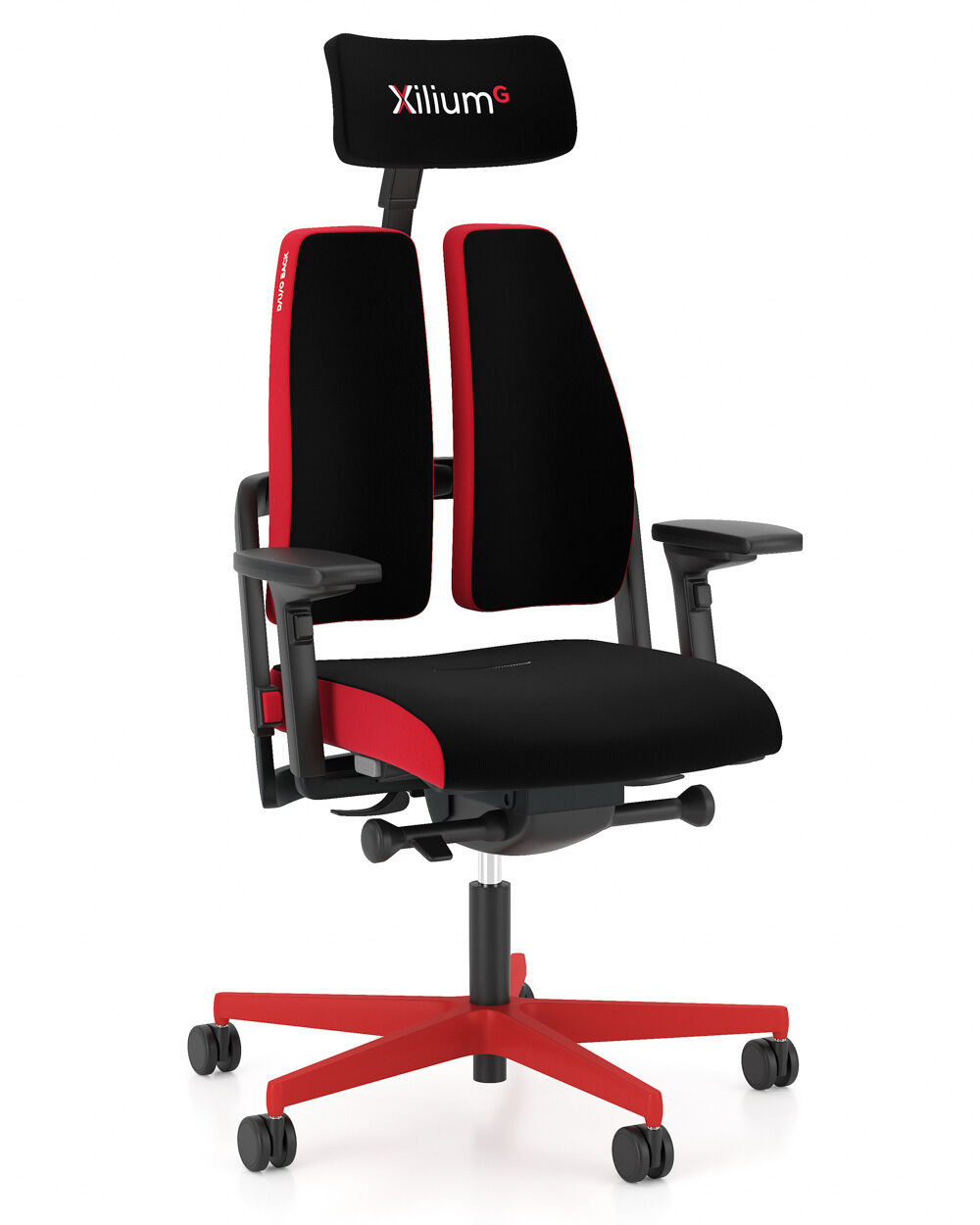 Ergonomischer Bürostuhl mit schwarzer und roter Polsterung, anpassbarer Rückenlehne und Kopfstütze für dynamisches Sitzen.