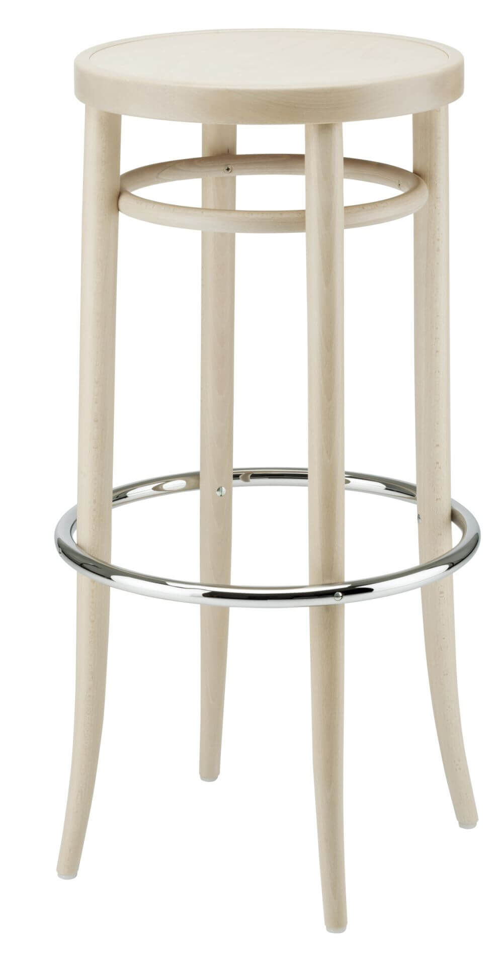 Heller Holz-Barhocker mit rundem Sitz und verchromtem Fußring für ergonomisches, stilvolles Sitzen im Büro.
