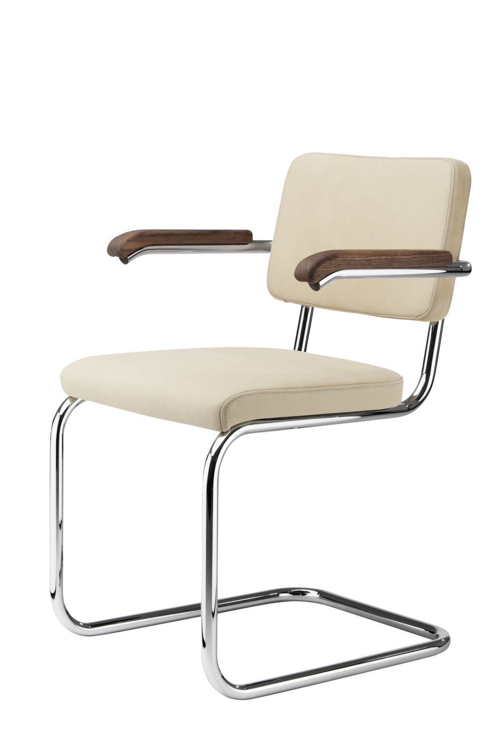 Moderner Freischwinger-Stuhl mit beigem Lederpolster und Chromgestell, betont ergonomischen Komfort.