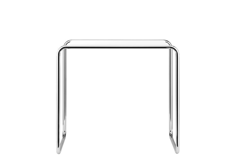 Moderner Beistelltisch aus verchromtem Stahl mit minimalistischem Design und klaren Linien für Büroeinrichtungen.