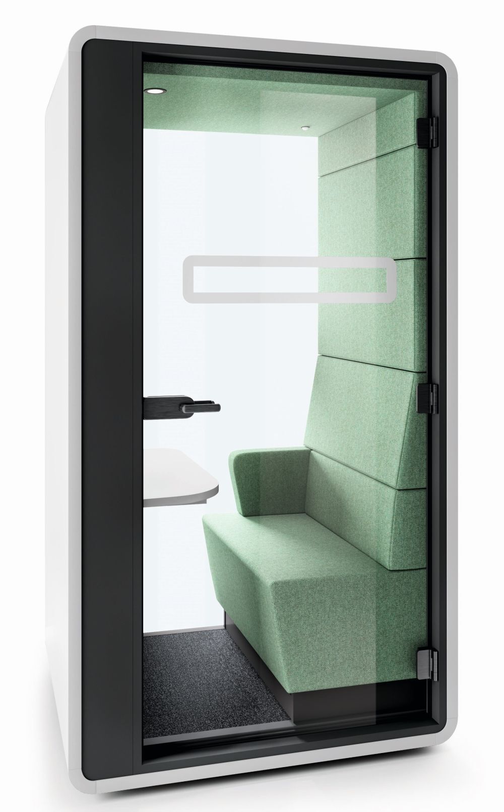 Schallisolierte Bürobox mit grünem Polstersessel und kleinem Tisch, ideal für konzentriertes Arbeiten im Büro.