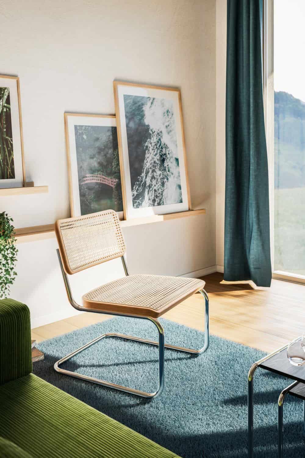 Ergonomischer Stuhl mit Korbgeflecht-Sitz, eleganter Metallrahmen, neben Bildern an einer Wand im hellen Raum.