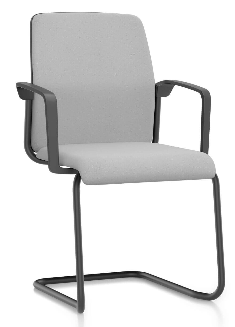 Modernes, ergonomisches Besucherstuhl mit grauem Bezug und schwarzen Armlehnen, ideal für Büros und Konferenzräume.