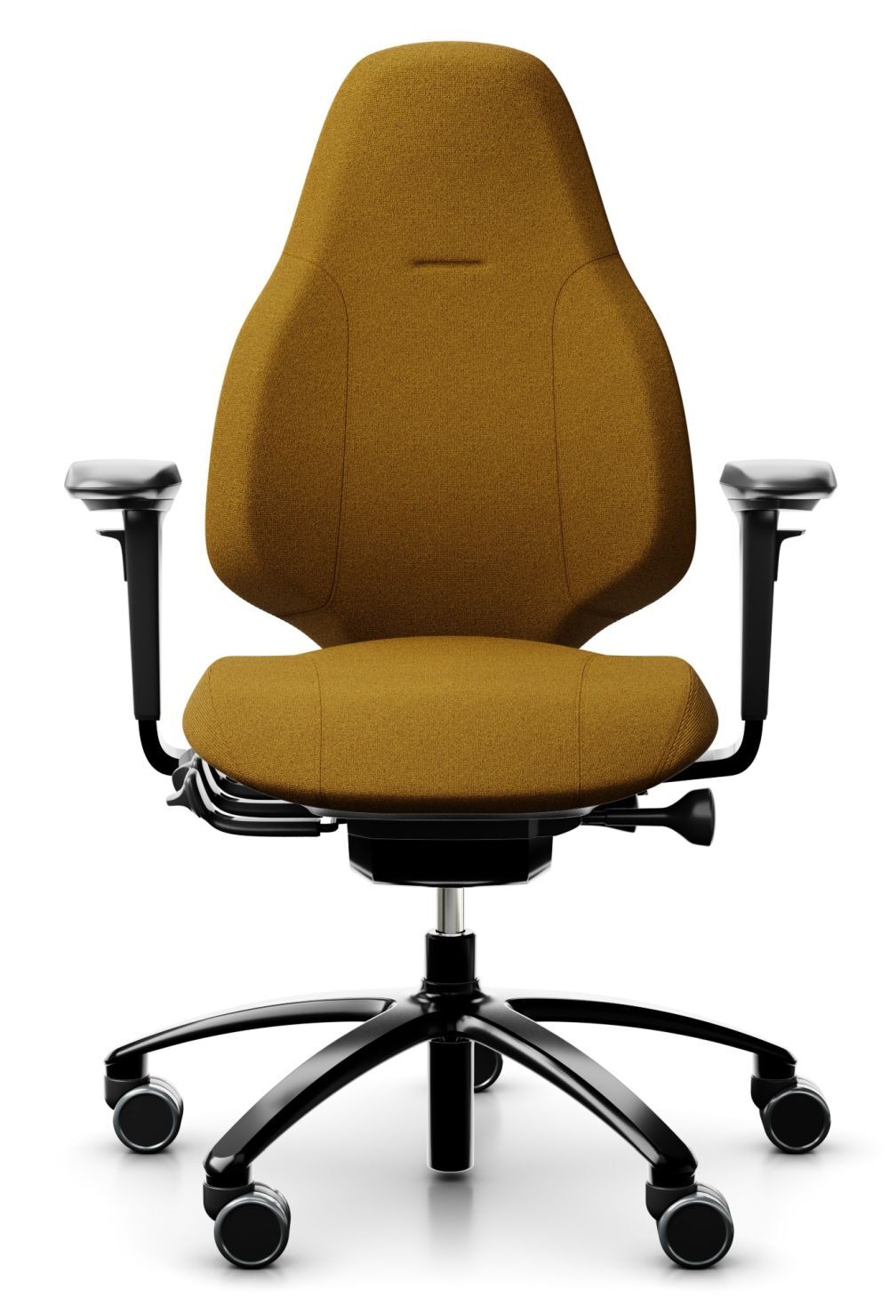 Ergonomischer Bürostuhl in Senfgelb mit verstellbaren Armlehnen und Rollen für dynamisches Sitzen.