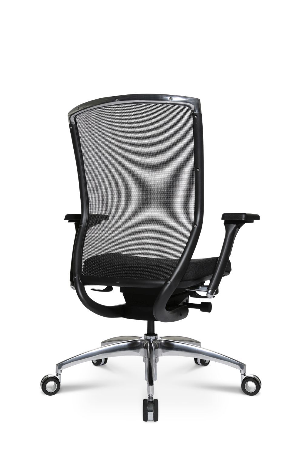 Ergonomischer Bürostuhl mit Netzrückenlehne, verstellbaren Armlehnen und rollbaren Beinen, Rückansicht.