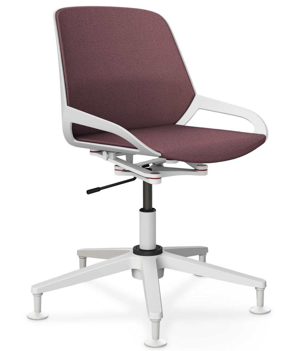 Moderner ergonomischer Bürostuhl mit lila Polsterung und weißem Rahmen, ideal für dynamisches Sitzen.