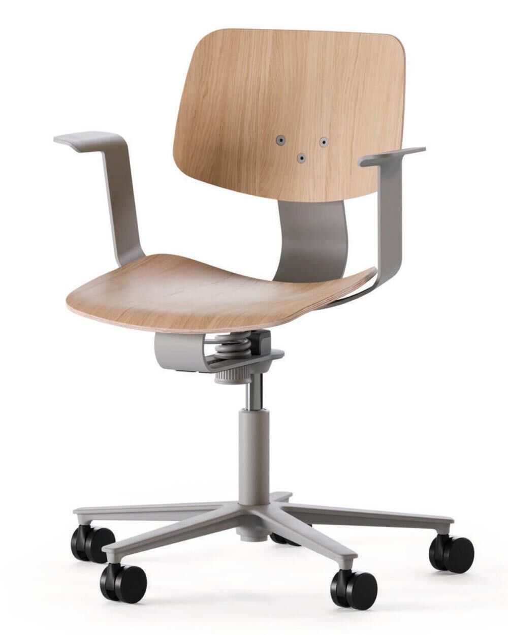 Ergonomischer Bürostuhl mit Holzsitzfläche und Armlehnen auf Rollen, ideal für dynamisches Sitzen im Büro.