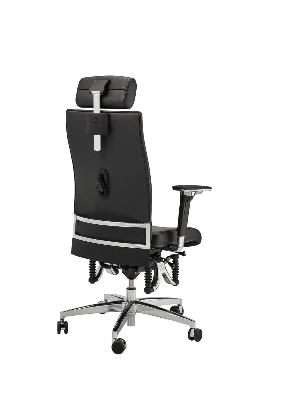 Ergonomischer Bürostuhl mit schwarzer Polsterung und verstellbarer Kopfstütze, Rückansicht, auf silbernem Drehgestell.