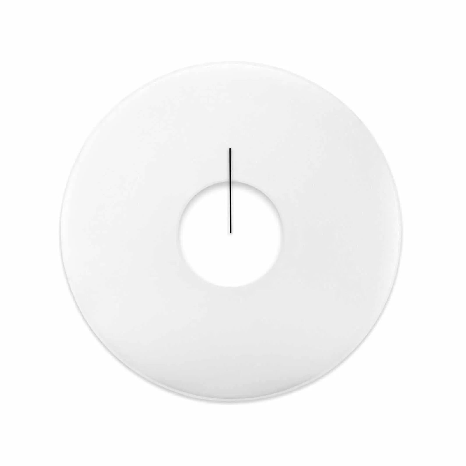 Ein weißer, runder Bürostuhl-Gleiter mit mittiger Öffnung und schwarzer Linie im Zentrum.