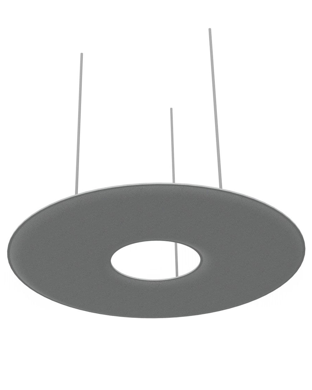 Grauer, ringförmiger Schallschirm mit zentraler Öffnung, der an dünnen Drähten aufgehängt ist.
